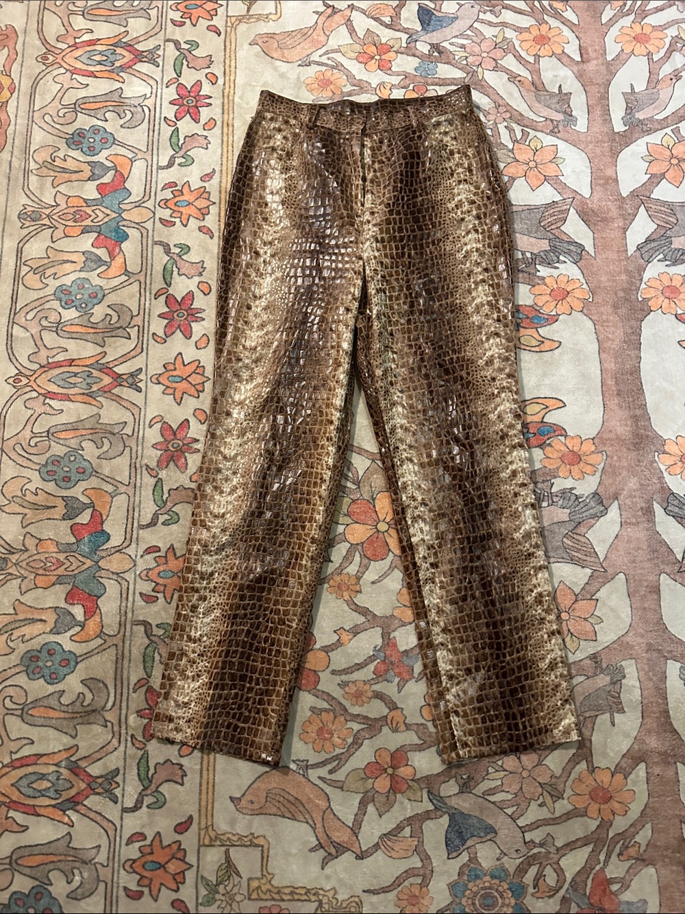 Selene Sport Metallic Croc-Embossed Straight Leg Pants in Brown and Gold
